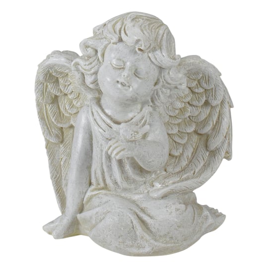 6.5" Ivory Sitting Cherub Angel with Bird Outdoor Statue